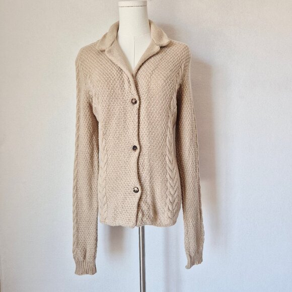 Loro Piana Sweaters - Loro Piana Made in Italy 100% Cashmere Cable Grid Knit Collar Cardigan Beige
